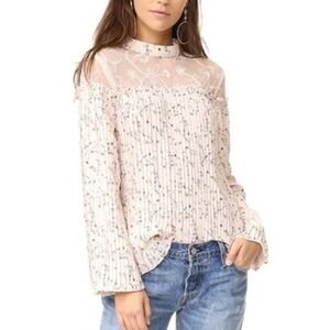 Moon River Accordion Pleated Lace Yoke Shirt XS High Neck Long Sleeve
